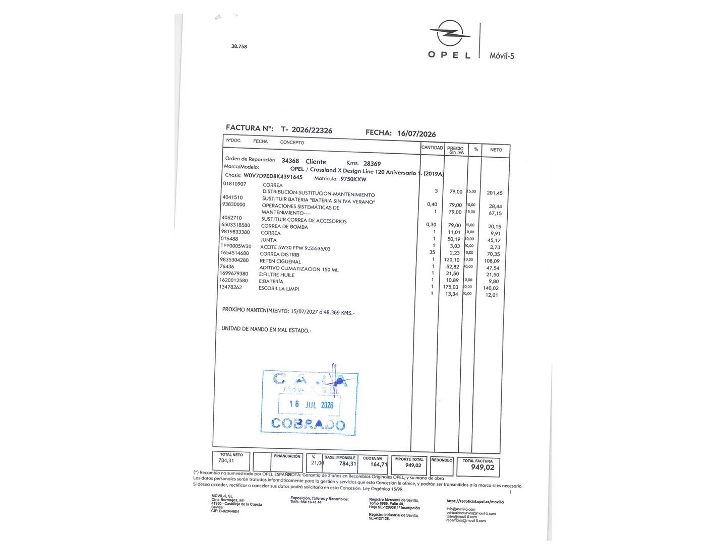 Foto del mantenimiento del Opel Crossland X Opel Crossland X 1.2 S&S Design Line 120 Aniversario (110 CV)