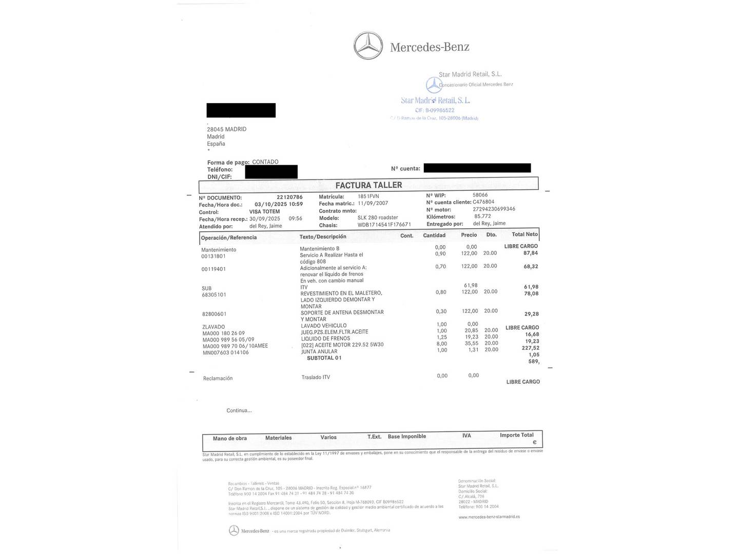 Foto del mantenimiento del Mercedes Clase SLK Mercedes Clase SLK 280 (231 CV)