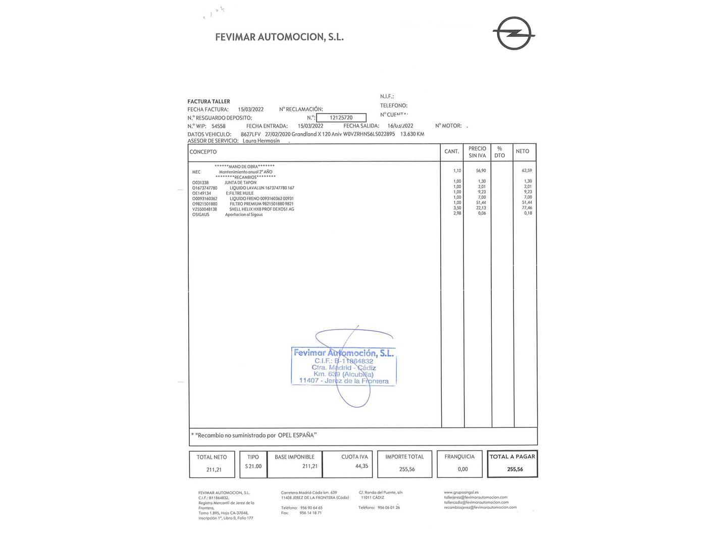 Foto del mantenimiento del Opel Grandland X Opel Grandland X 1.2 Turbo 120 Aniversario (130 CV)