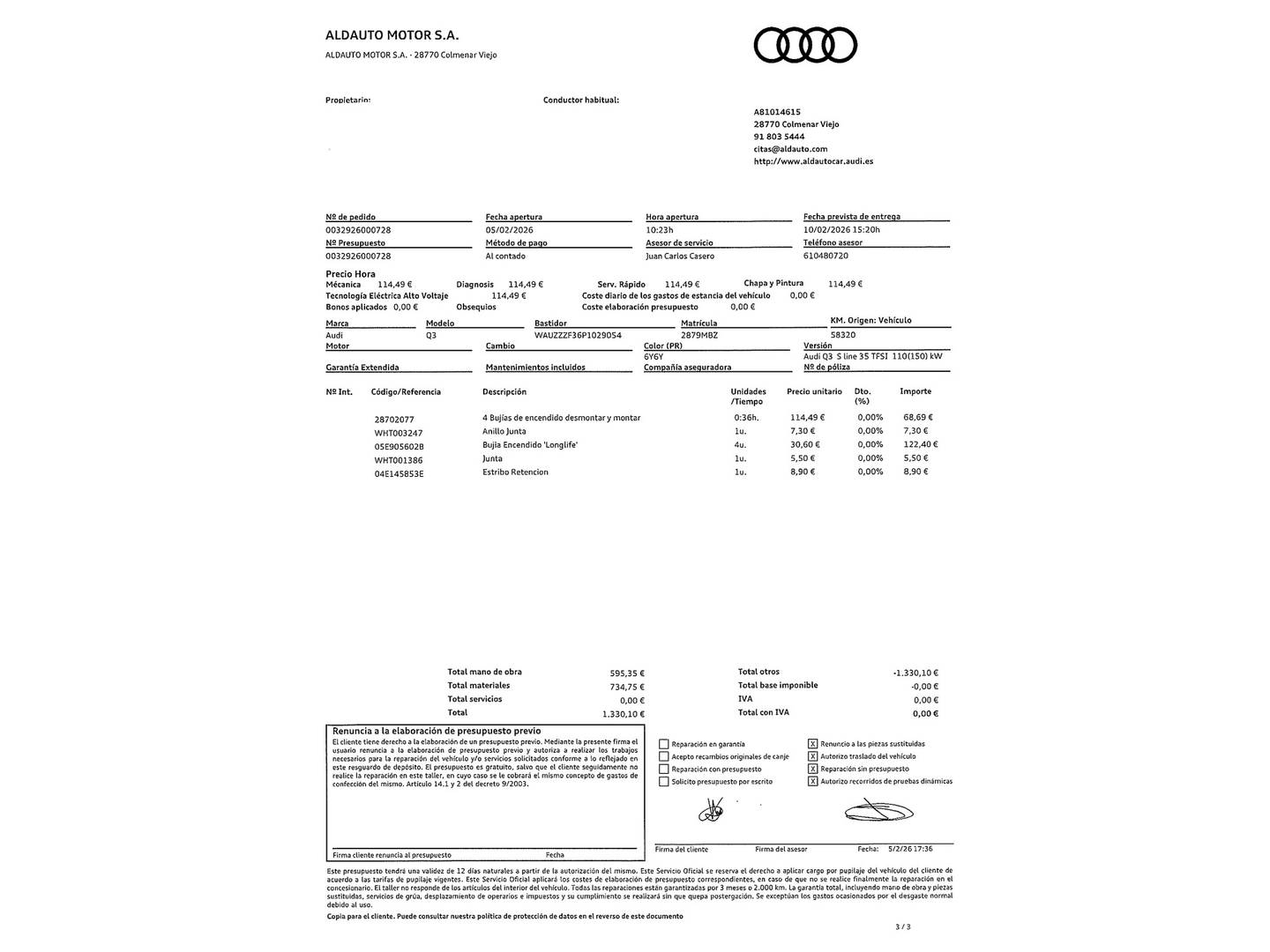 Foto del mantenimiento del Audi Q3 Audi Q3 S line 35 TFSI (150 CV) S tronic