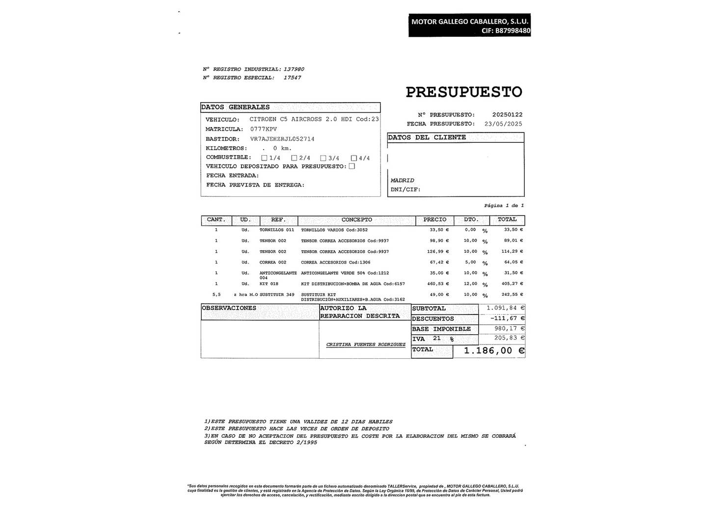 Foto del mantenimiento del Citroën C5 Aircross Citroën C5 Aircross BlueHdi 180 S&S Shine EAT8 (177 CV)