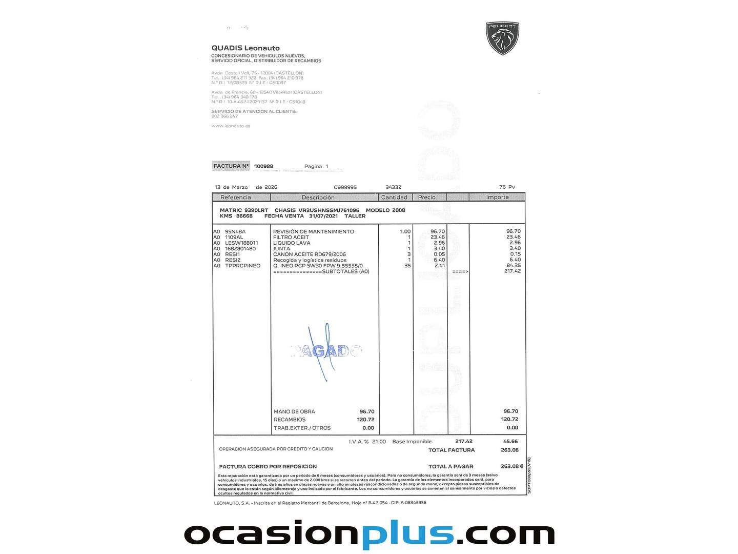 Foto del mantenimiento del Peugeot 2008 Peugeot 2008 PureTech 130 S&S Allure Pack EAT8 (130 CV)
