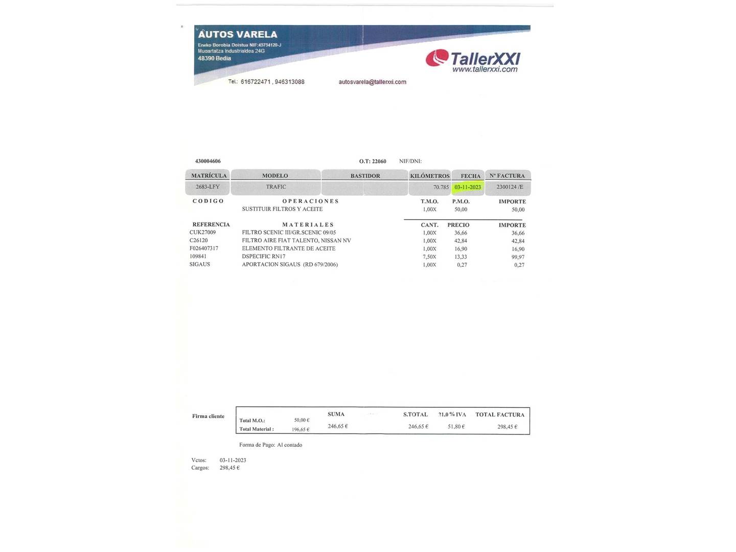 Foto del mantenimiento del Renault Trafic Renault Trafic Passenger Largo Energy Blue dCi  (120 CV) Camperizada 4 Plazas