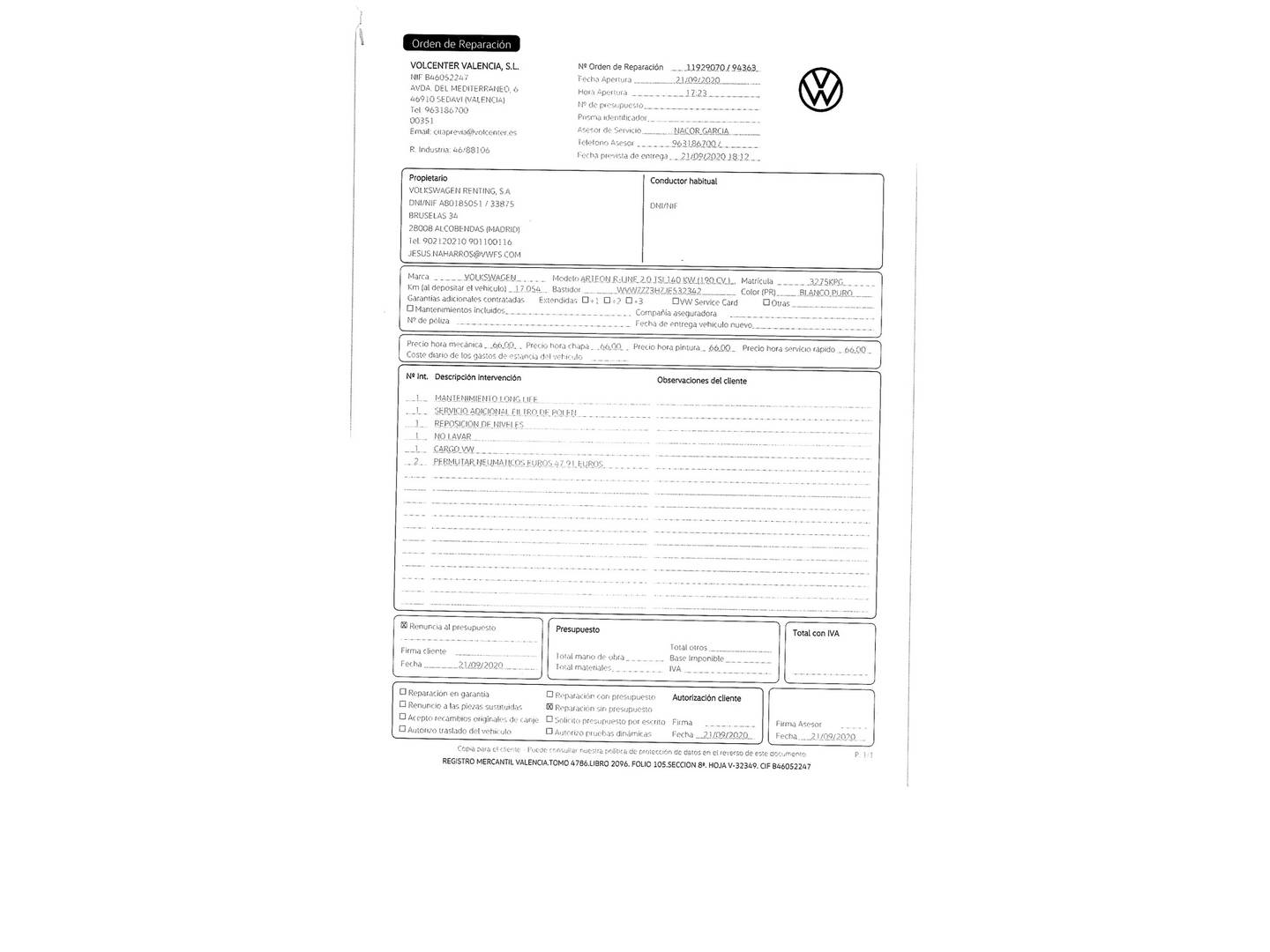 Foto del mantenimiento del Volkswagen Arteon Volkswagen Arteon R-Line 2.0 TSI (190 CV) DSG