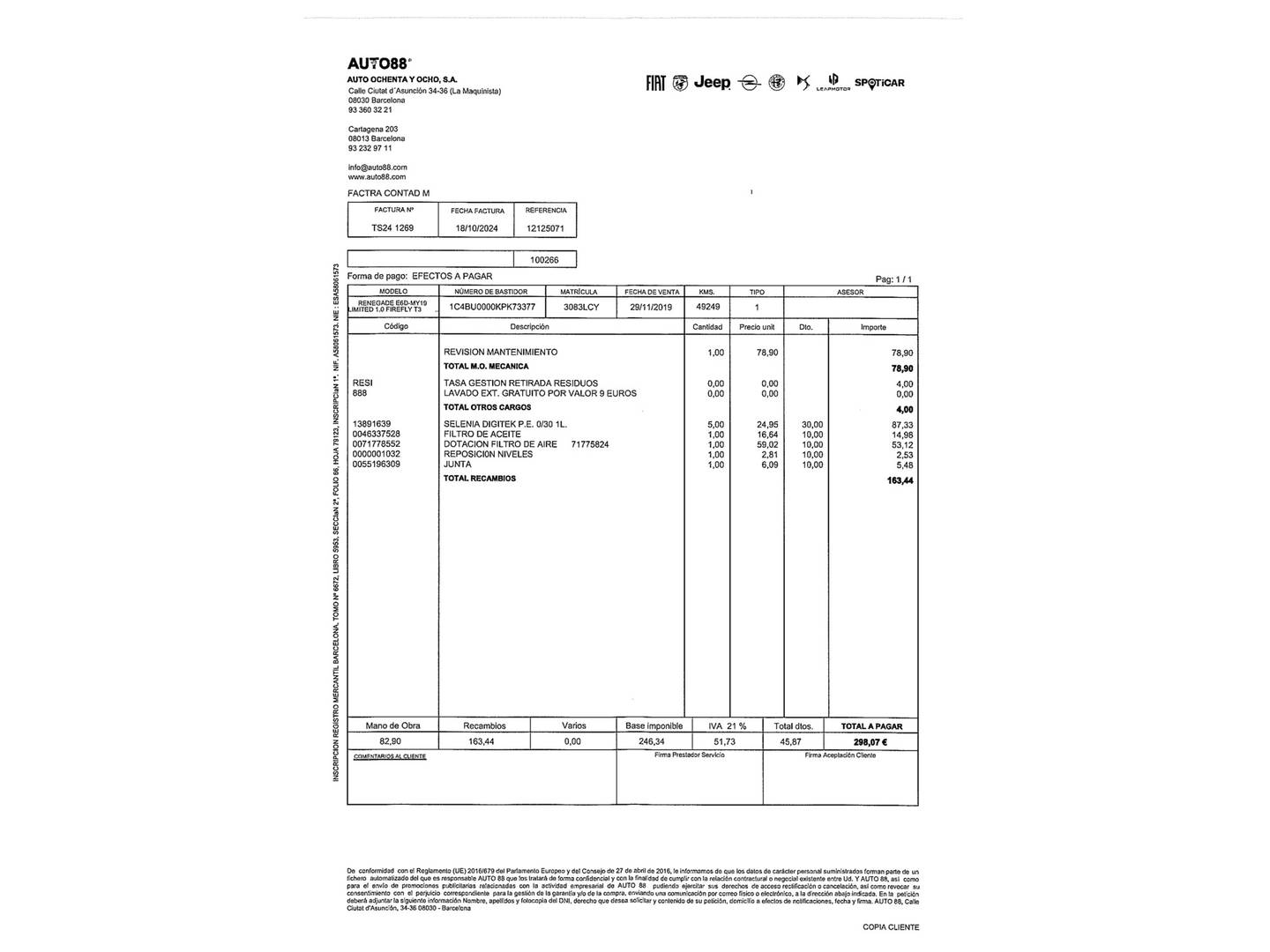 Foto del mantenimiento del Jeep Renegade Jeep Renegade 1.0G Limited 4x2 (120 CV)