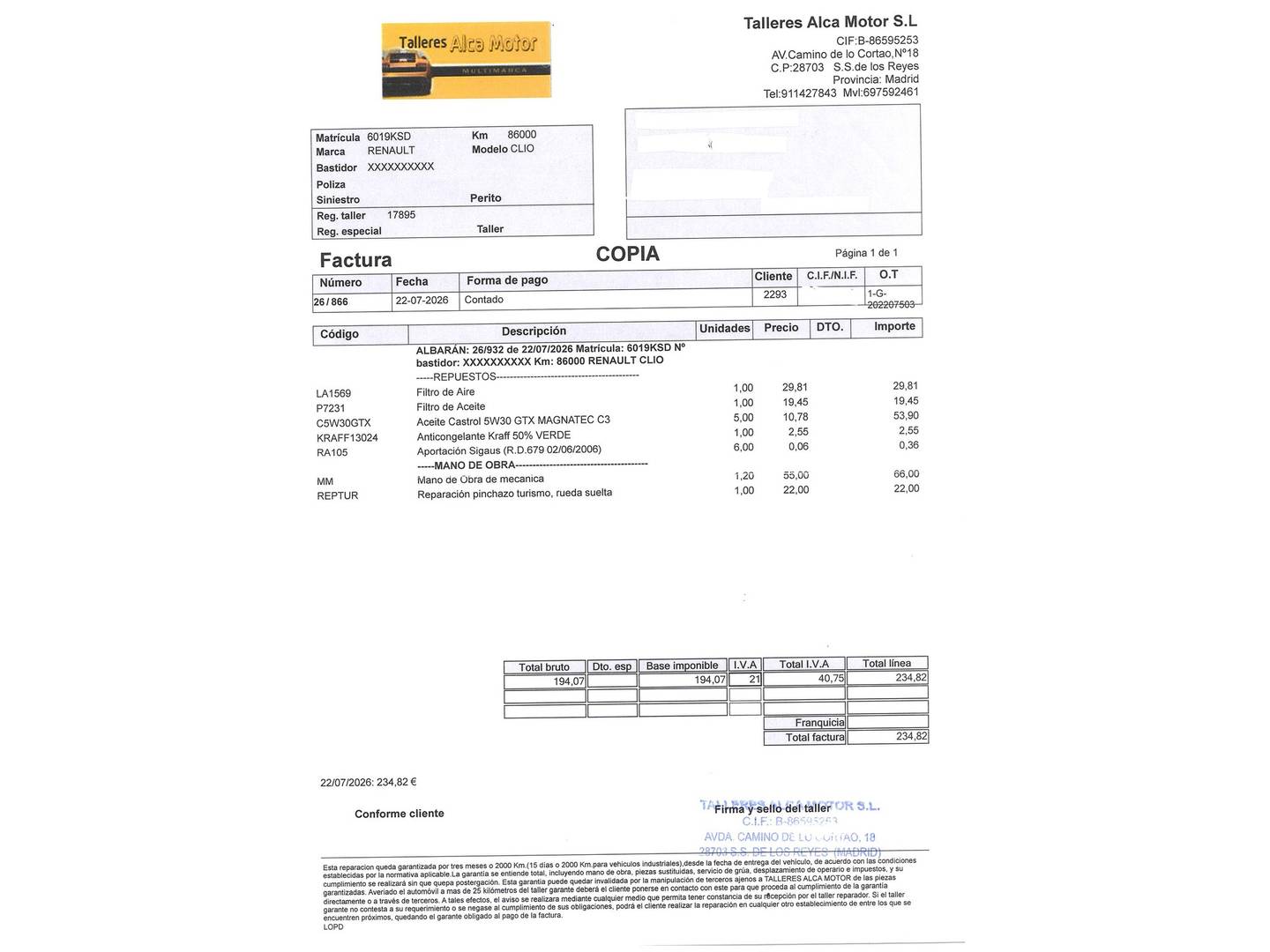 Foto del mantenimiento del Renault Clio Renault Clio Business TCe (90 CV) GLP