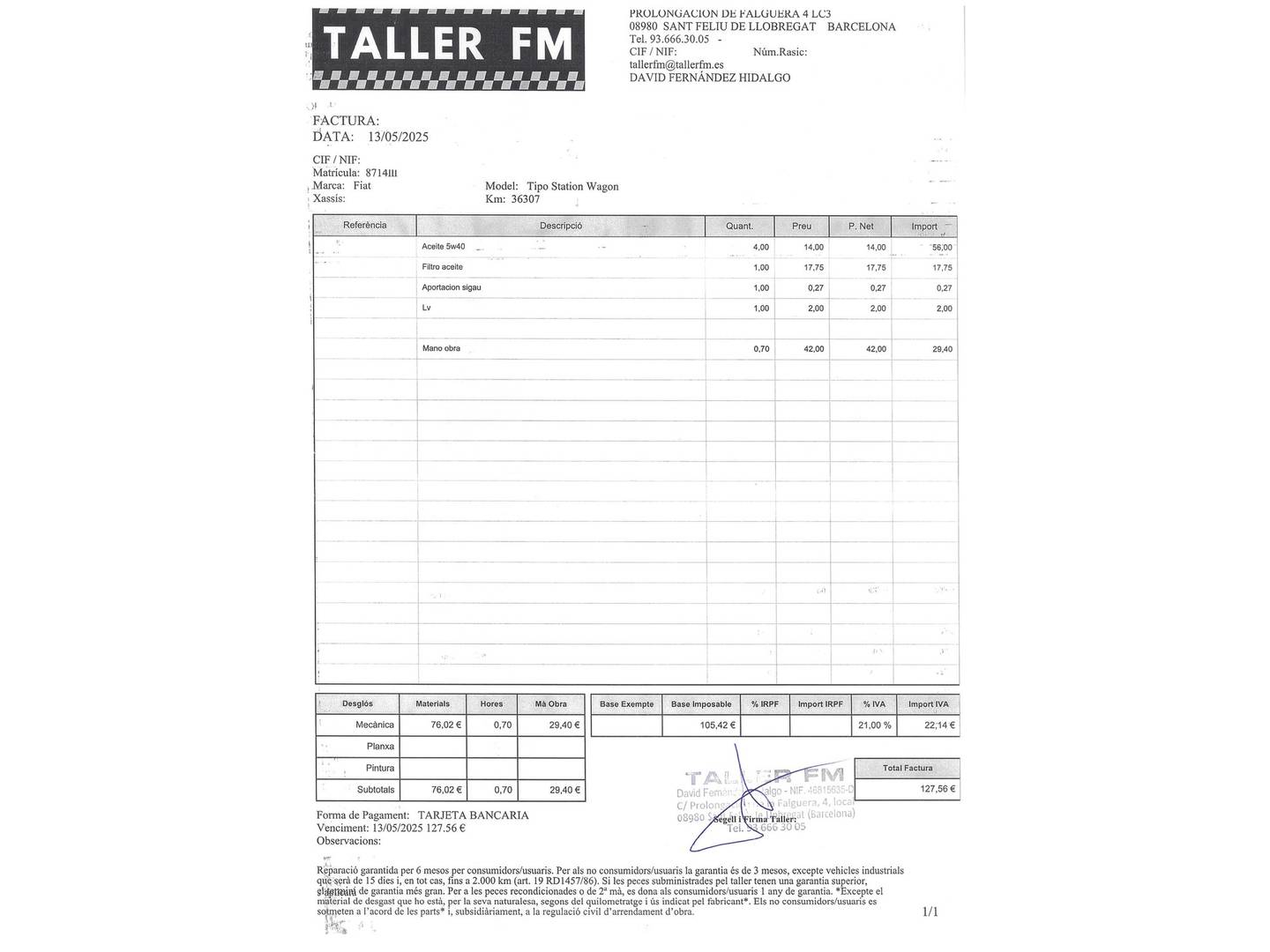 Foto del mantenimiento del Fiat Tipo Fiat Tipo SW 1.4 T-Jet Lounge (120 CV)