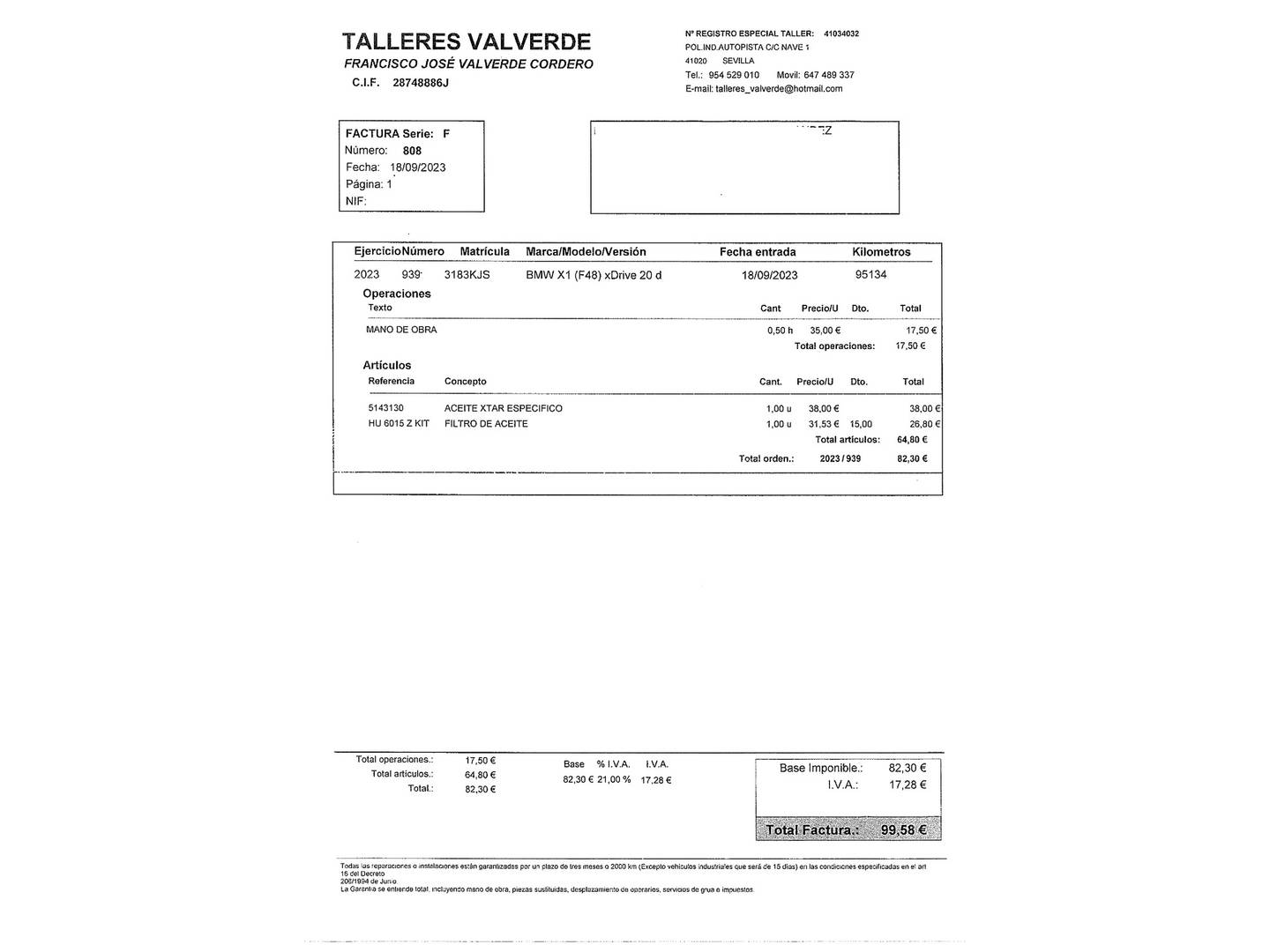 Foto del mantenimiento del BMW X1 BMW X1 sDrive18d Business (150 CV)