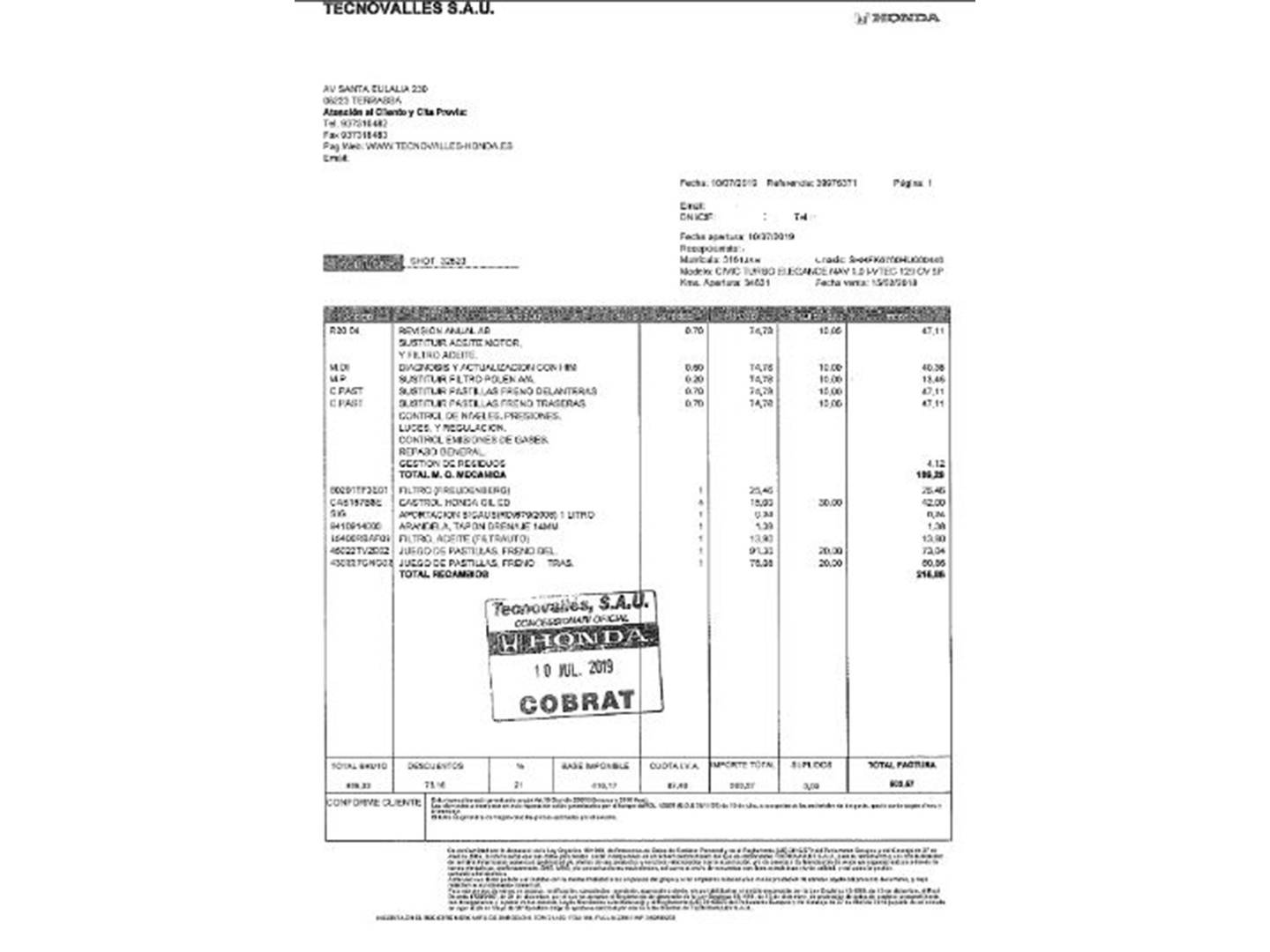 Foto del mantenimiento del Honda Civic Honda Civic 1.0 I-VTEC TURBO Elegance (129 CV)