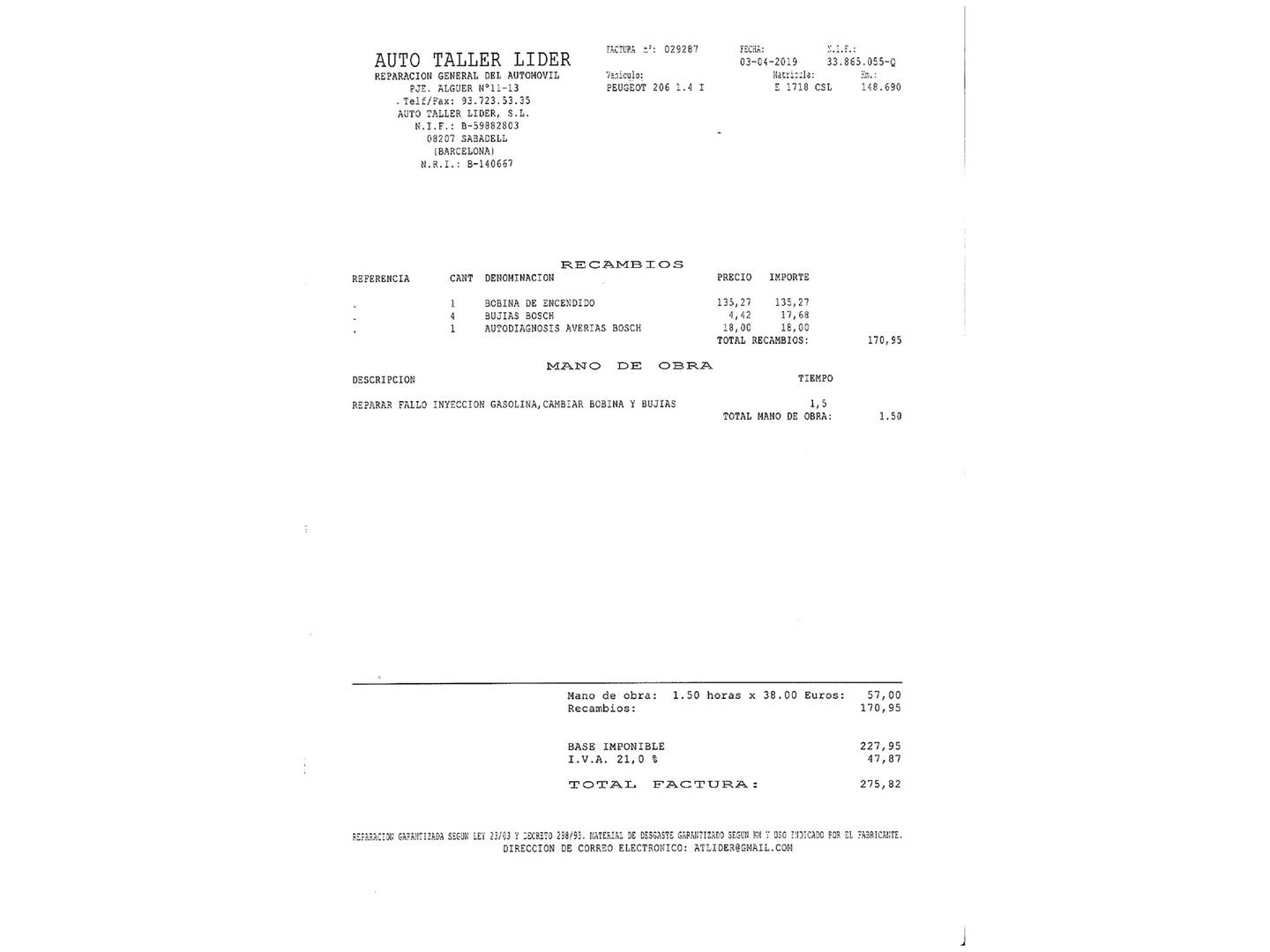 Foto del mantenimiento del Peugeot 206 Peugeot 206 1.4 X-Line (75 CV)