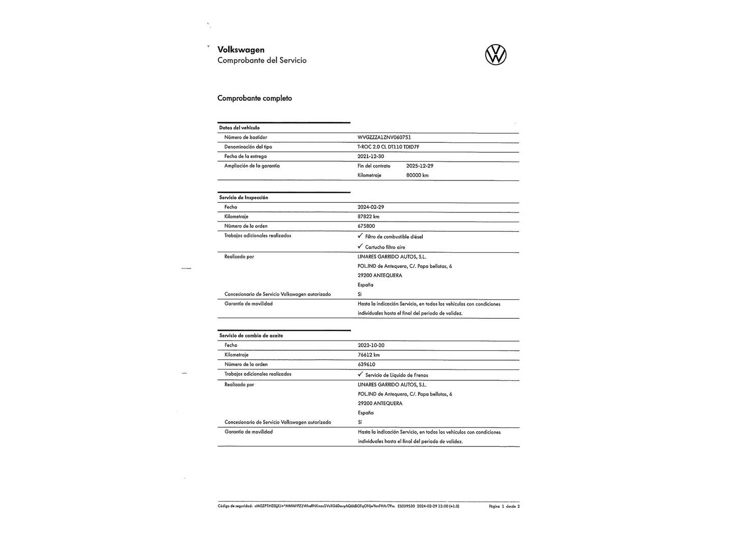 Foto del mantenimiento del Volkswagen T-Roc Volkswagen T-Roc Advance R-Line 2.0 TDI (150 CV) DSG