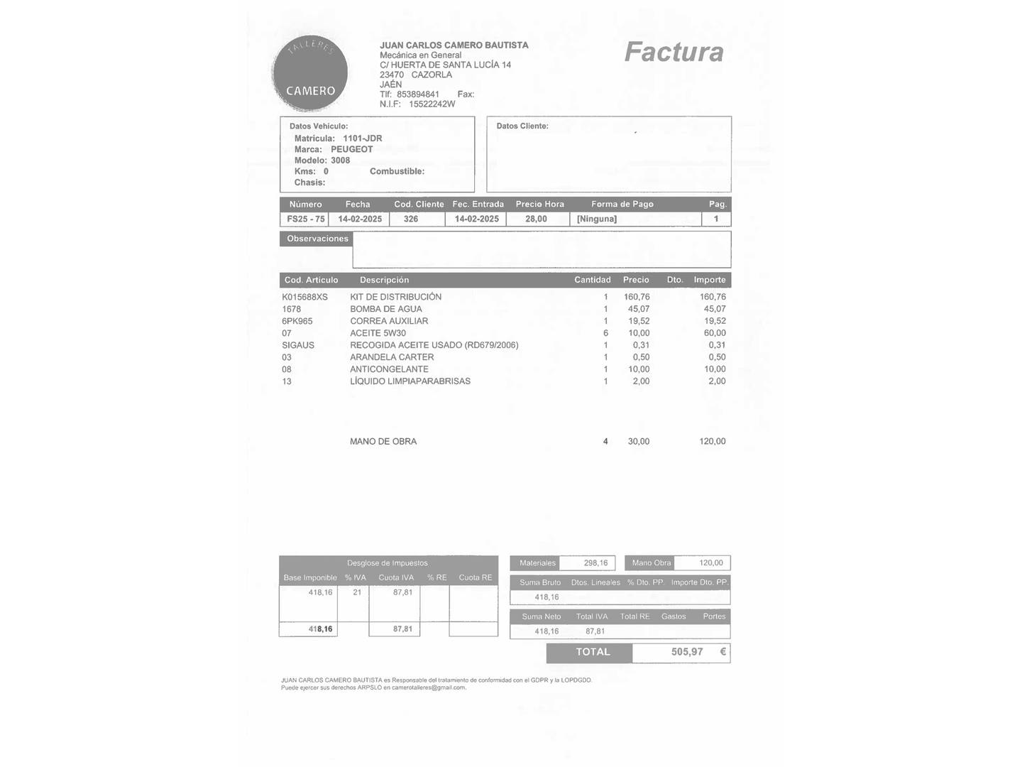 Foto del mantenimiento del Peugeot 3008 Peugeot 3008 1.6 BlueHDI FAP Style (120 CV)