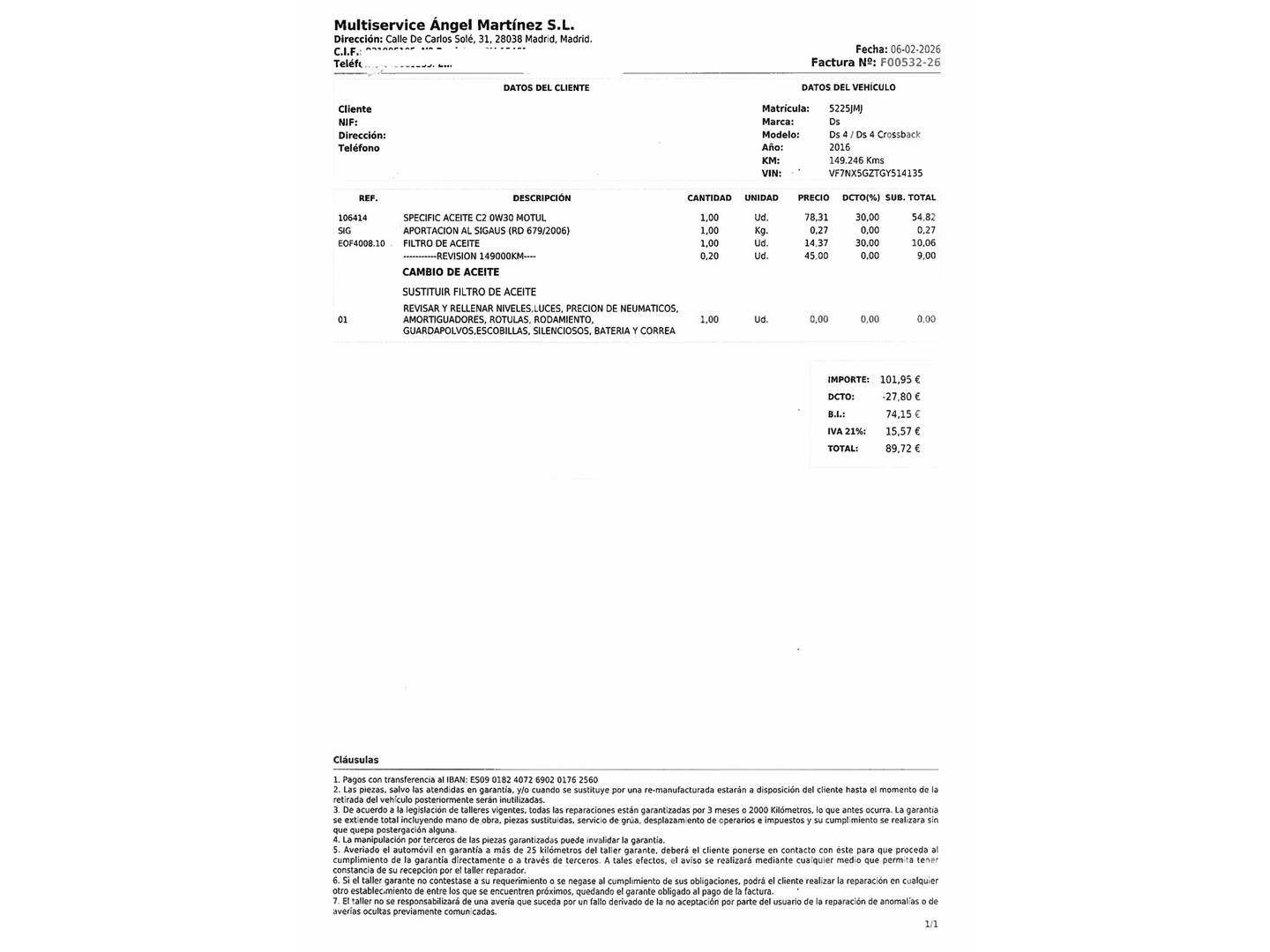 Foto del mantenimiento del DS DS 4 DS DS4 THP 165 S&S Style EAT6 (165 CV)