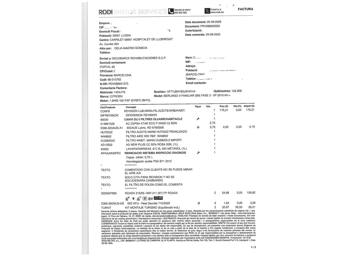 Foto del mantenimiento del Citroën Berlingo Citroen Berlingo Combi BlueHDi 100 Multispace 20 Aniversario (100 CV)