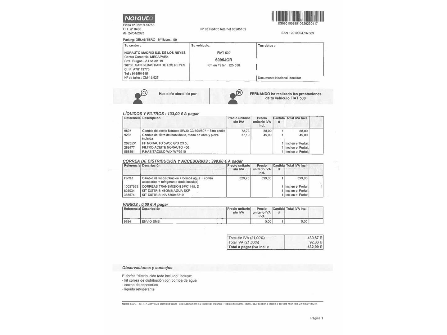 Foto del mantenimiento del Fiat 500C Fiat 500C 1.2 8v Cabrio S (69 CV)