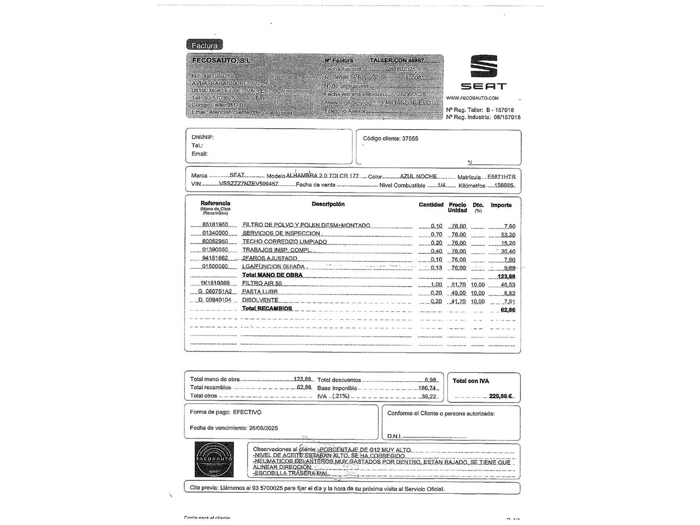 Foto del mantenimiento del Seat Alhambra SEAT Alhambra 2.0 TDI S&S Style DSG (177 CV)