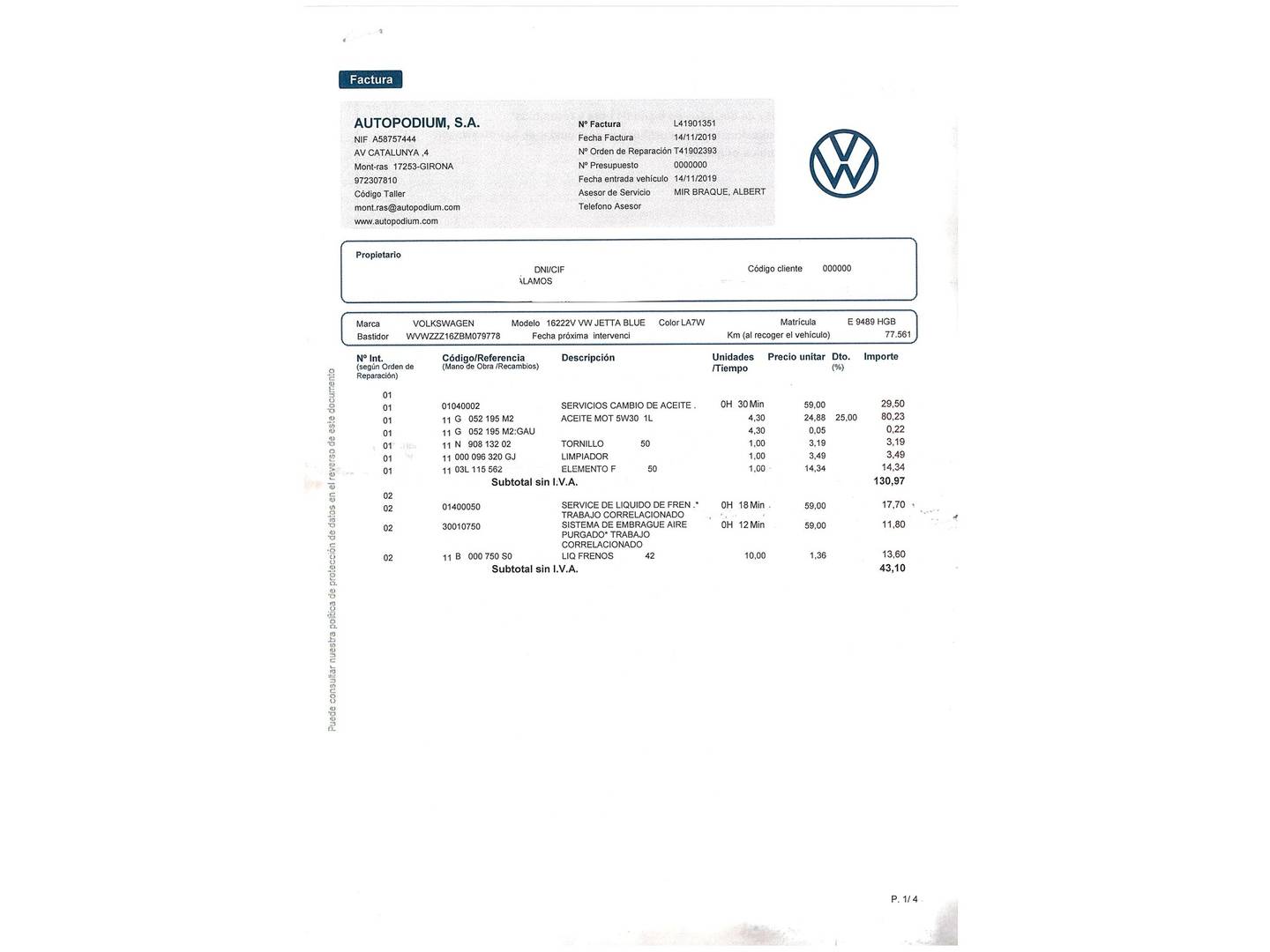 Foto del mantenimiento del Volkswagen Jetta Volkswagen Jetta 1.6 TDI Advance BMT (105 CV)