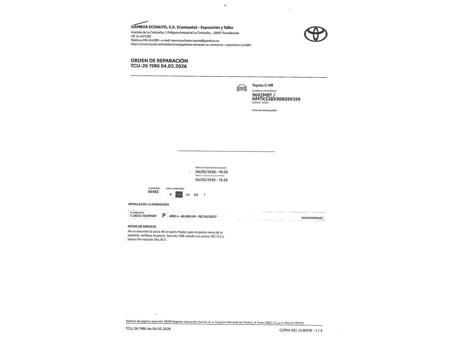 Foto del mantenimiento del Toyota C-HR Toyota C-HR 180H GR Sport (184 CV)