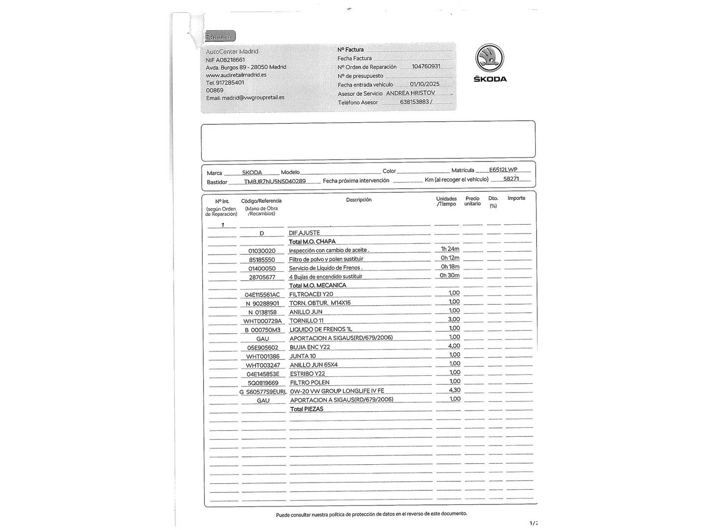 Foto del mantenimiento del Skoda Karoq Skoda Karoq 1.5 TSI ACT Ambition DSG (150 CV)