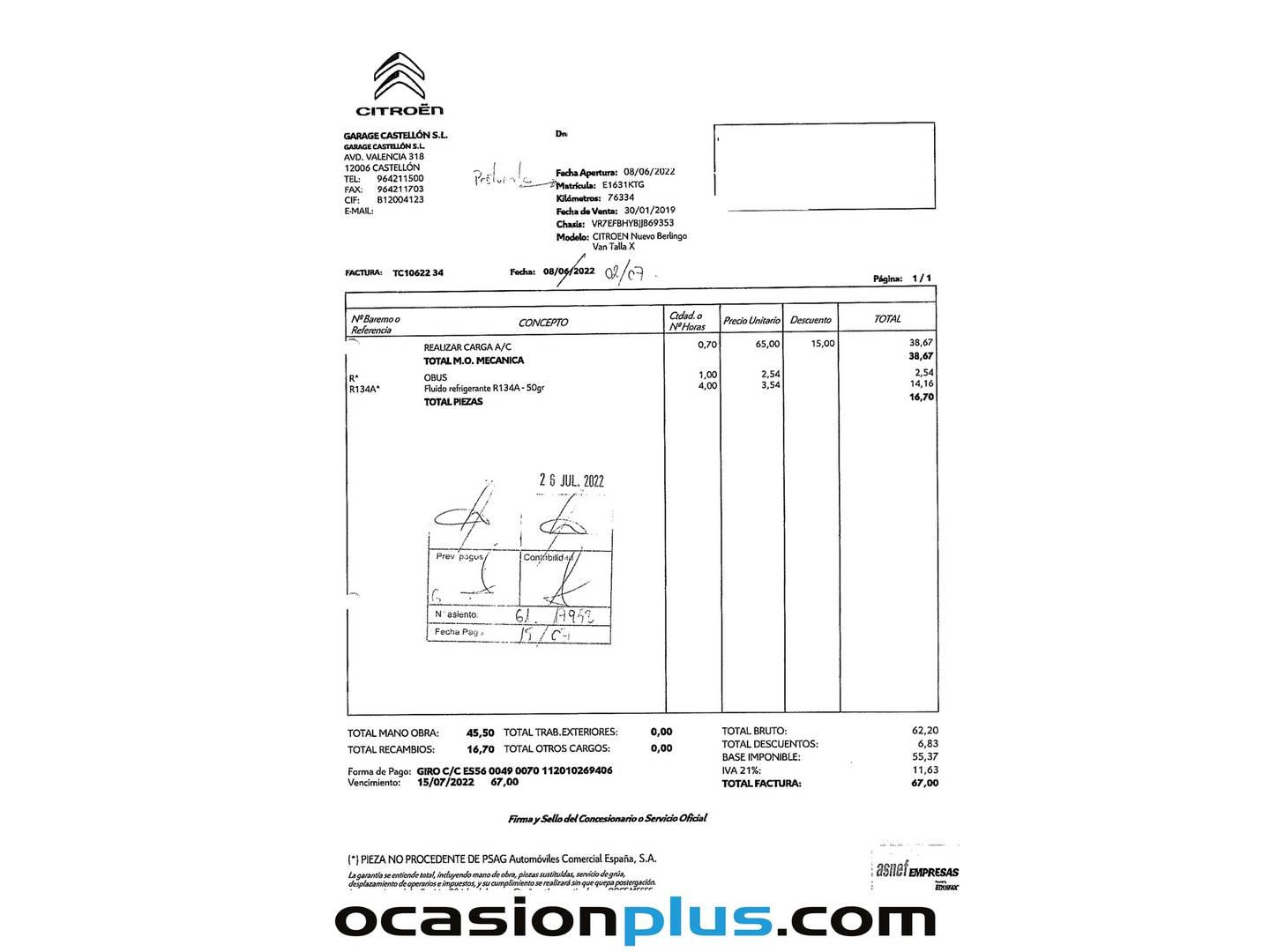 Foto del mantenimiento del Citroën Berlingo Citroën Berlingo BlueHDi 100 Talla XL Club (100 CV)