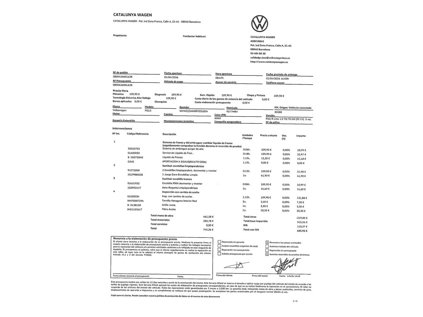 Foto del mantenimiento del Volkswagen Polo Volkswagen Polo R-Line 1.0 TSI (95 CV)