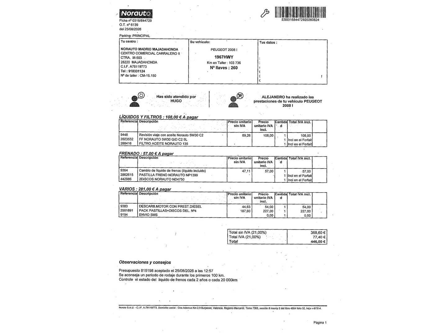 Foto del mantenimiento del Peugeot 2008 Peugeot 2008 e-HDI 92 Active ETG6 (92 CV)