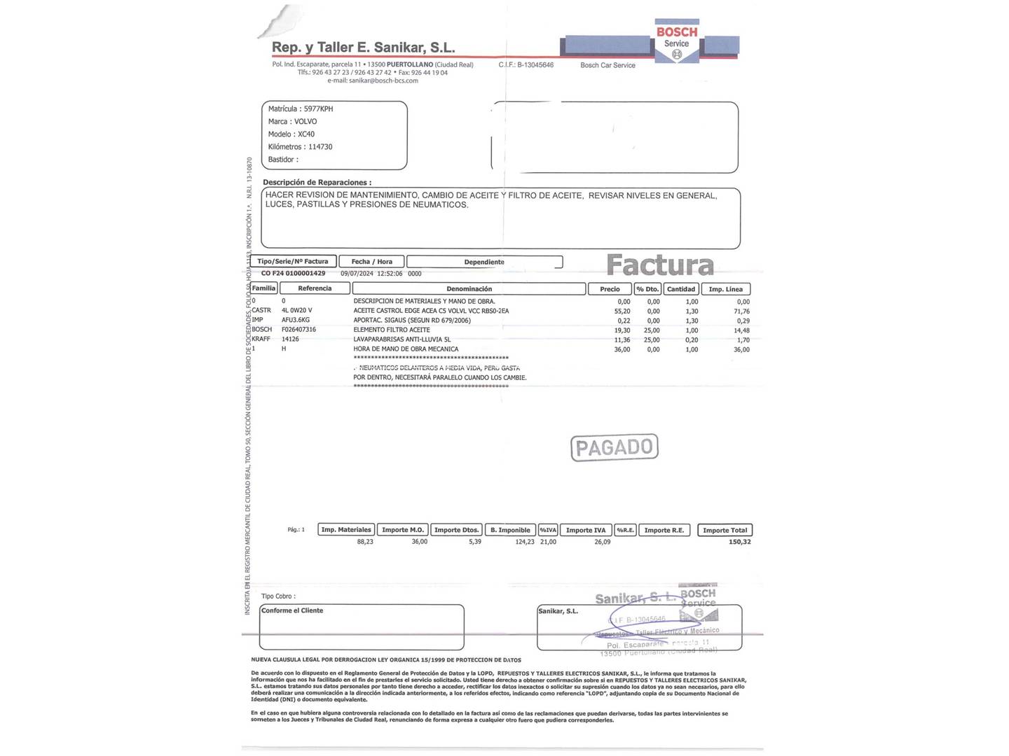 Foto del mantenimiento del Volvo XC40 Volvo XC40 T3 (156 CV)