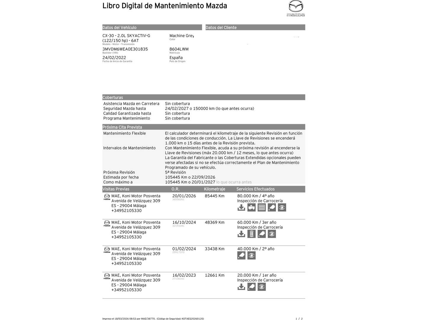 Foto del mantenimiento del Mazda CX-30 Mazda CX-30 2.0 Skyactiv-G Evolution 2WD AT (122 CV)