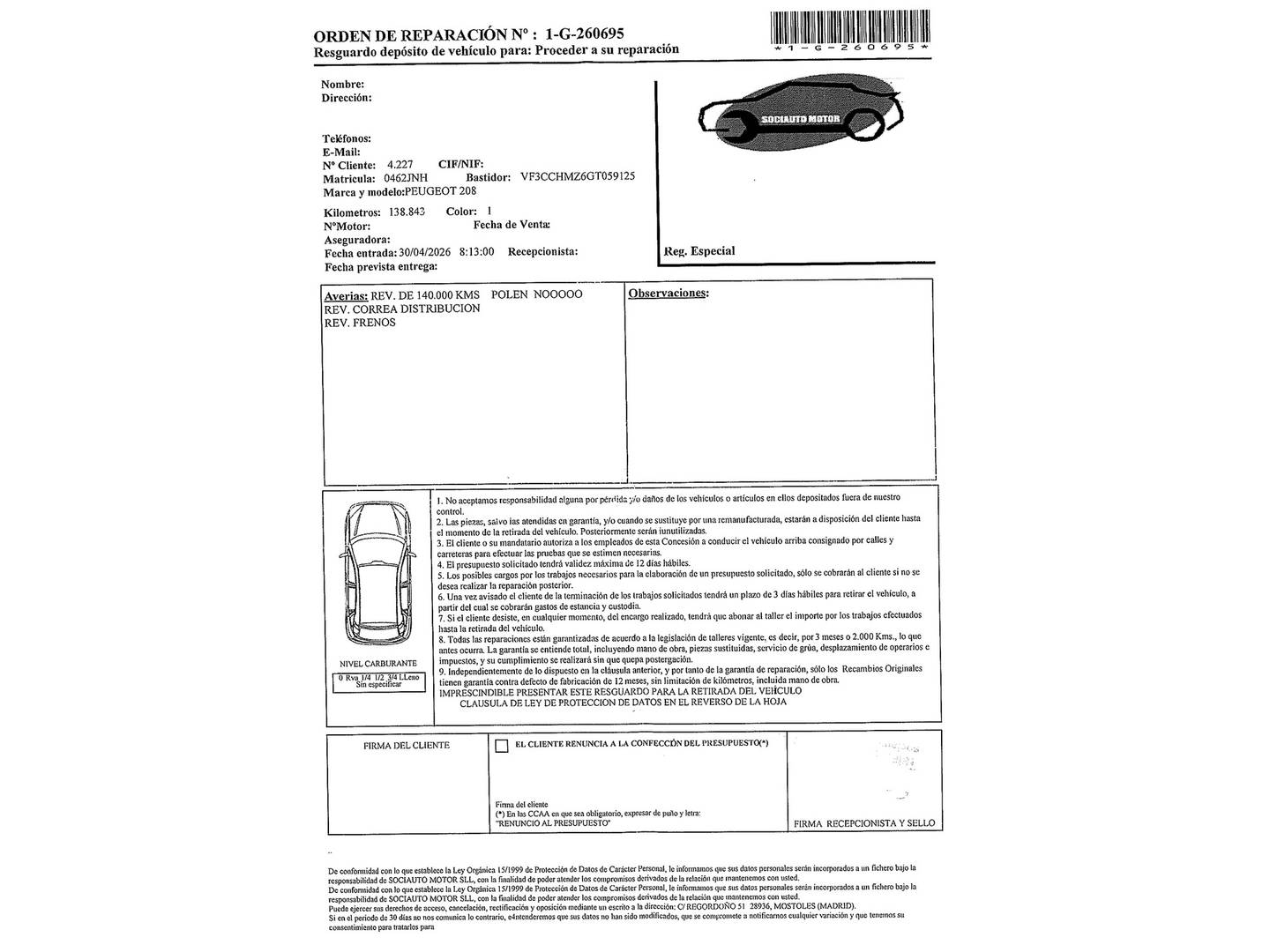 Foto del mantenimiento del Peugeot 208 Peugeot 208 PureTech 82 S&S Active (82 CV)