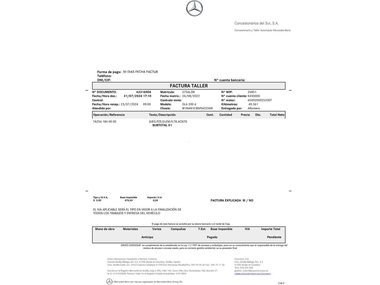 Foto del mantenimiento del Mercedes GLA Mercedes GLA 200 D (150 CV)
