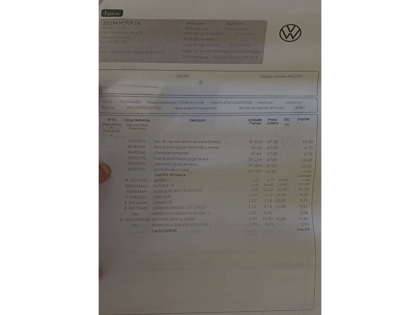 Foto del mantenimiento del Volkswagen Tiguan Volkswagen Tiguan Edition 1.4 TSI (125 CV)