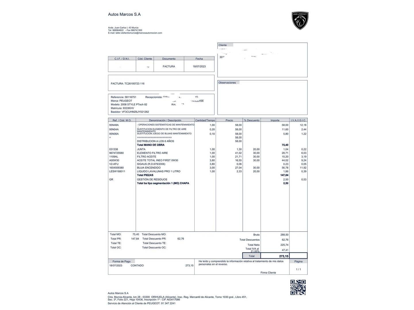 Foto del mantenimiento del Peugeot 2008 Peugeot 2008 PureTech 82 Style (82 CV)