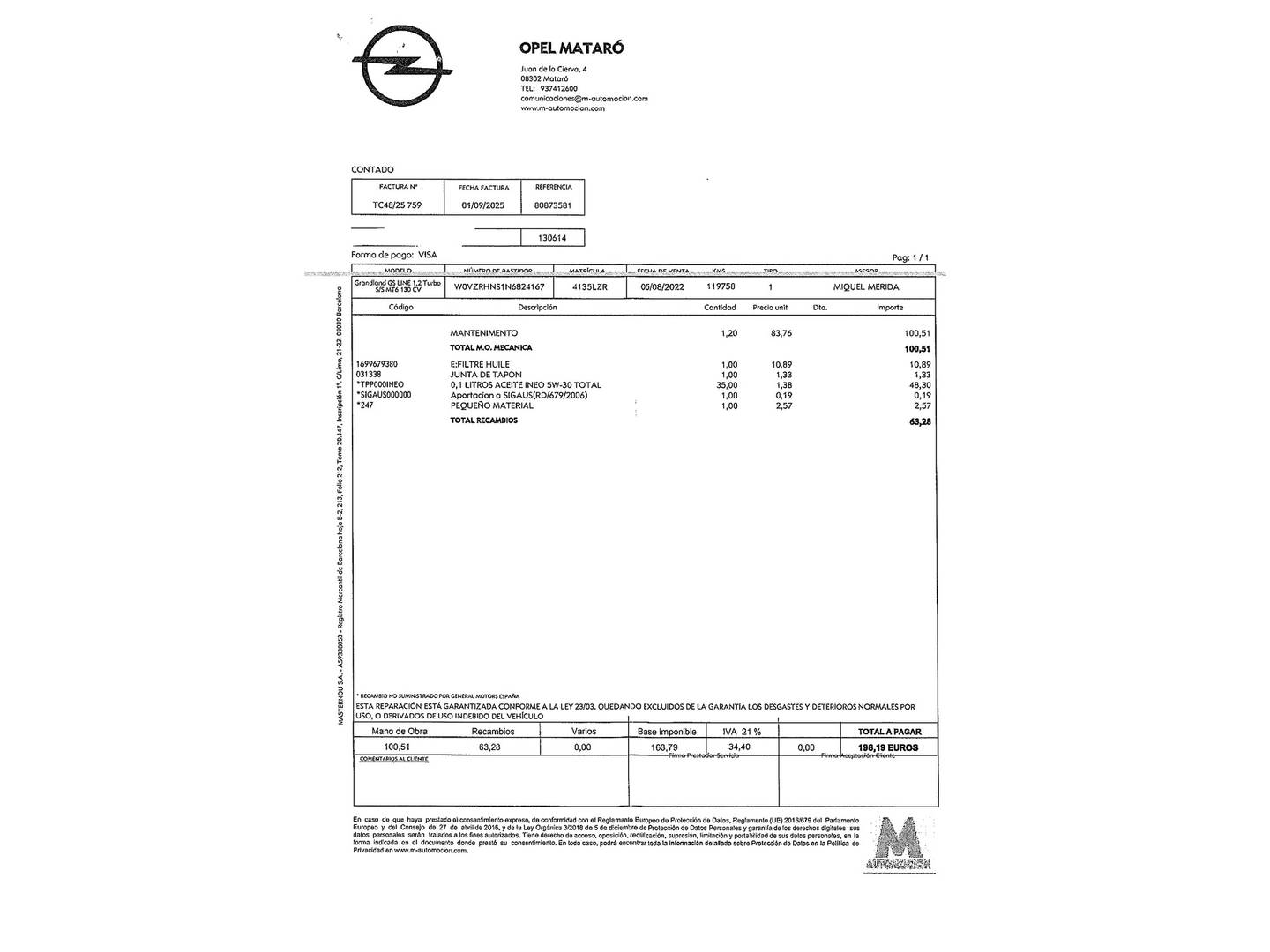 Foto del mantenimiento del Opel Grandland Opel Grandland 1.2 Turbo GS Line (130 CV)