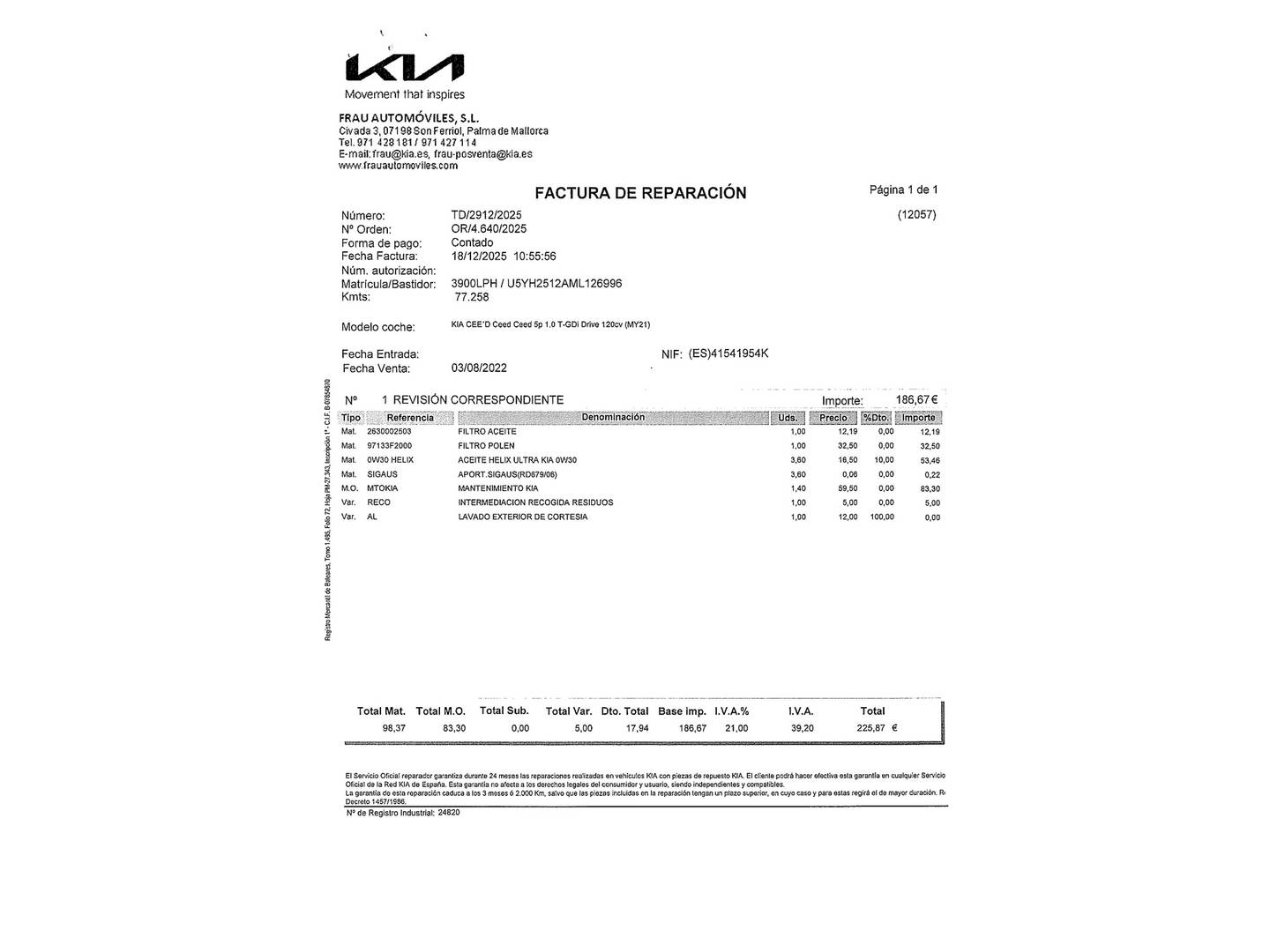 Foto del mantenimiento del KIA Ceed KIA Ceed 1.0 T-GDi Drive (120 CV)