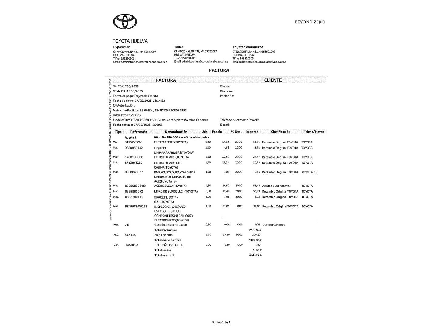 Foto del mantenimiento del Toyota Verso Toyota Verso 130 Advance (132 CV)