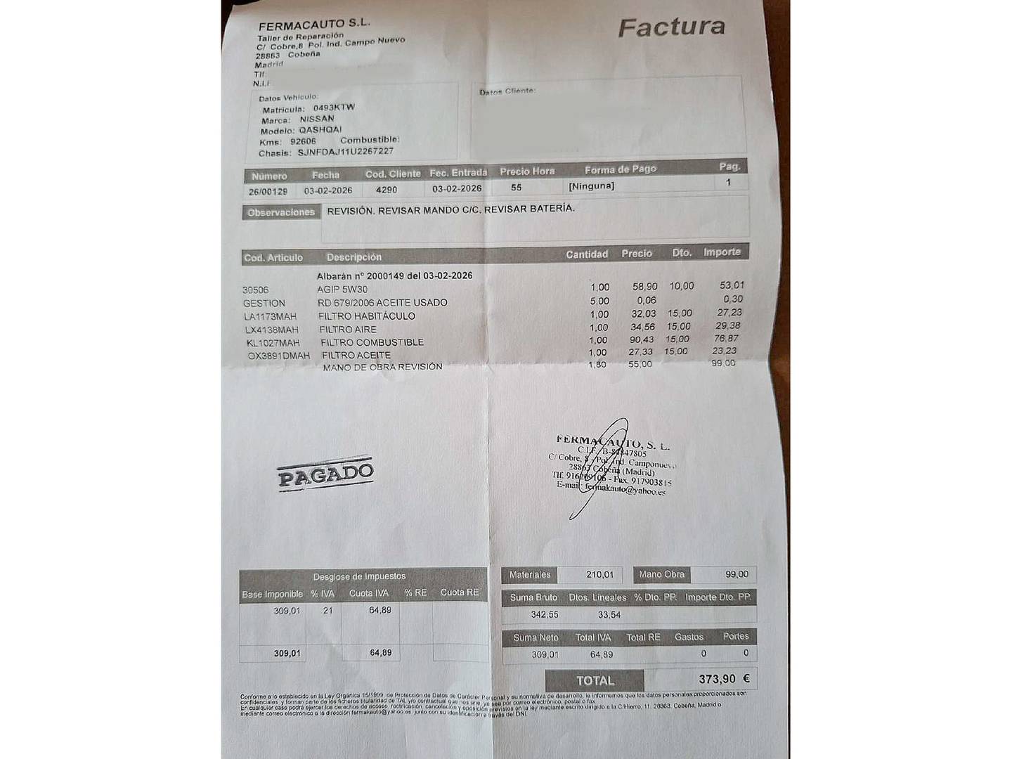 Foto del mantenimiento del Nissan QASHQAI Nissan Qashqai dCi 130 Tekna 4x2 XTronic (130 CV)