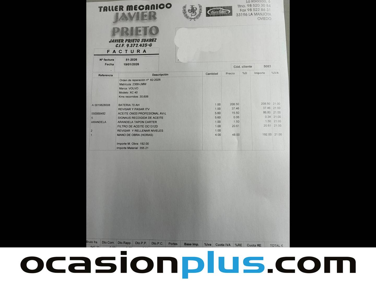 Foto del mantenimiento del Volvo XC40 Volvo XC40 T2 Momentum Core (129 CV)