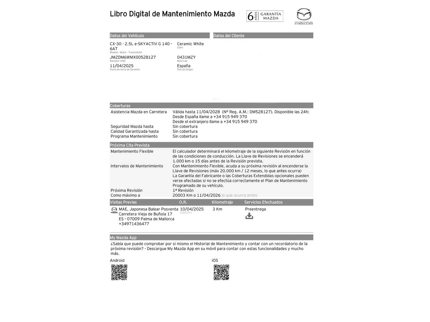 Foto del mantenimiento del Mazda CX-30 Mazda CX-30 e-SKYACTIV G Homura AT (140 CV)