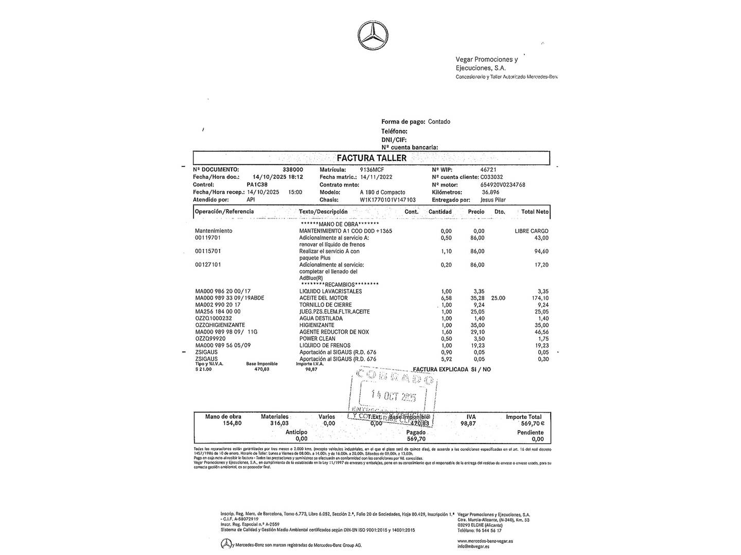 Foto del mantenimiento del Mercedes Clase A Mercedes Clase A 180 d (116 CV) Pack AMG