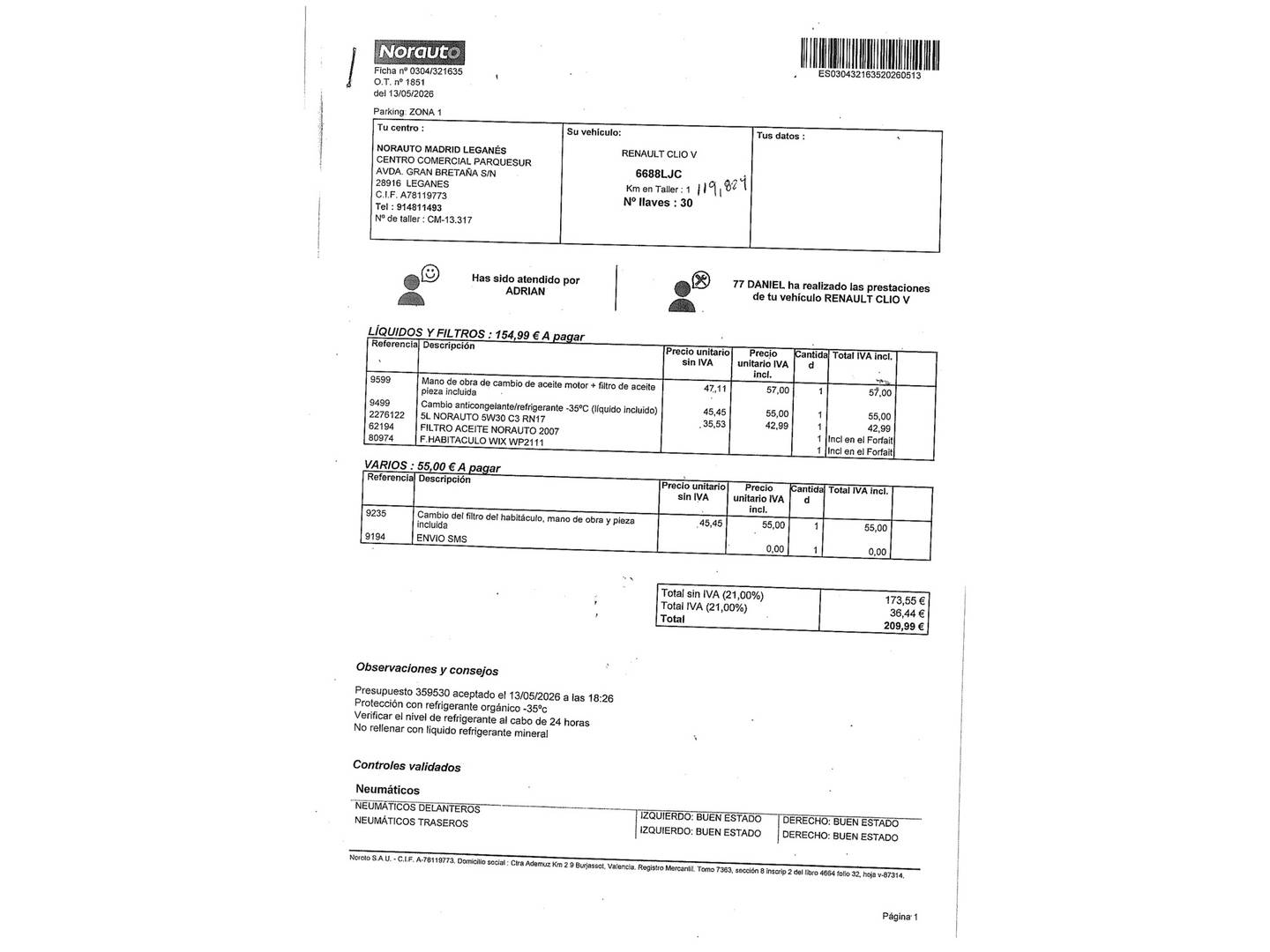 Foto del mantenimiento del Renault Clio Renault Clio Zen TCe (100 CV) GPF