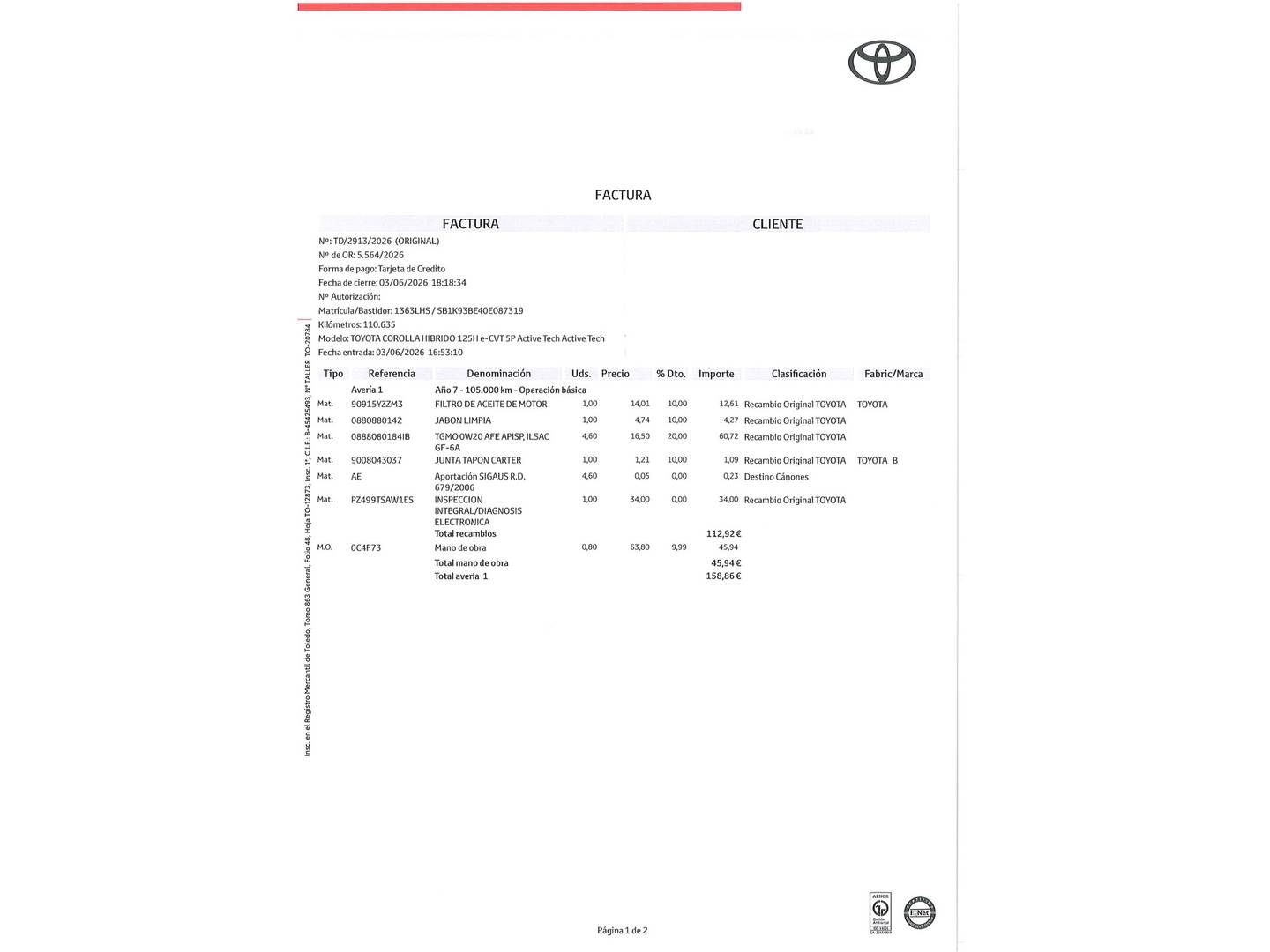 Foto del mantenimiento del Toyota Corolla Toyota Corolla 1.8 125 Híbrido Active Tech E-CVT (122 CV)
