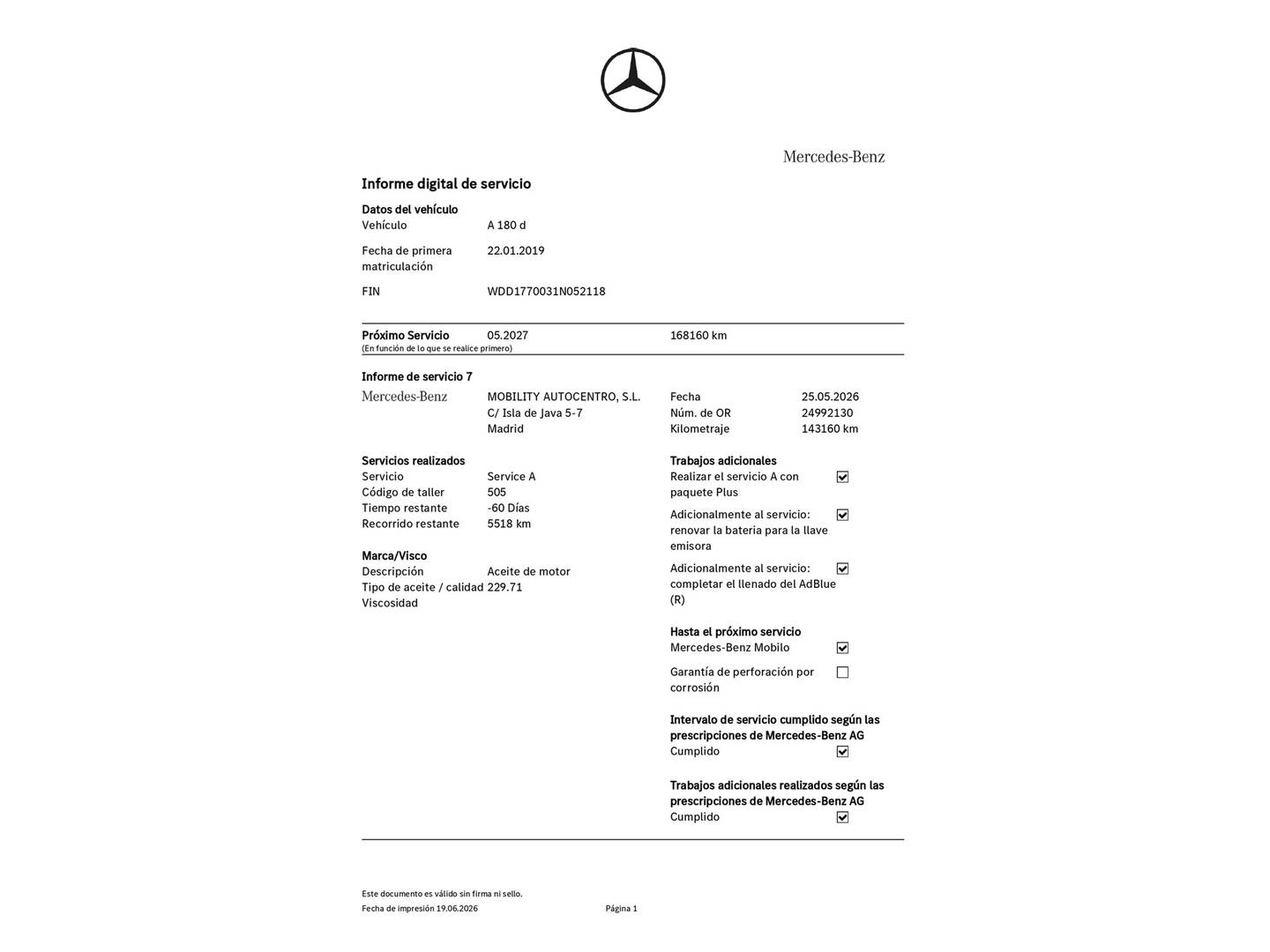 Foto del mantenimiento del Mercedes Clase A Mercedes Clase A 180 d (116 CV) Pack AMG