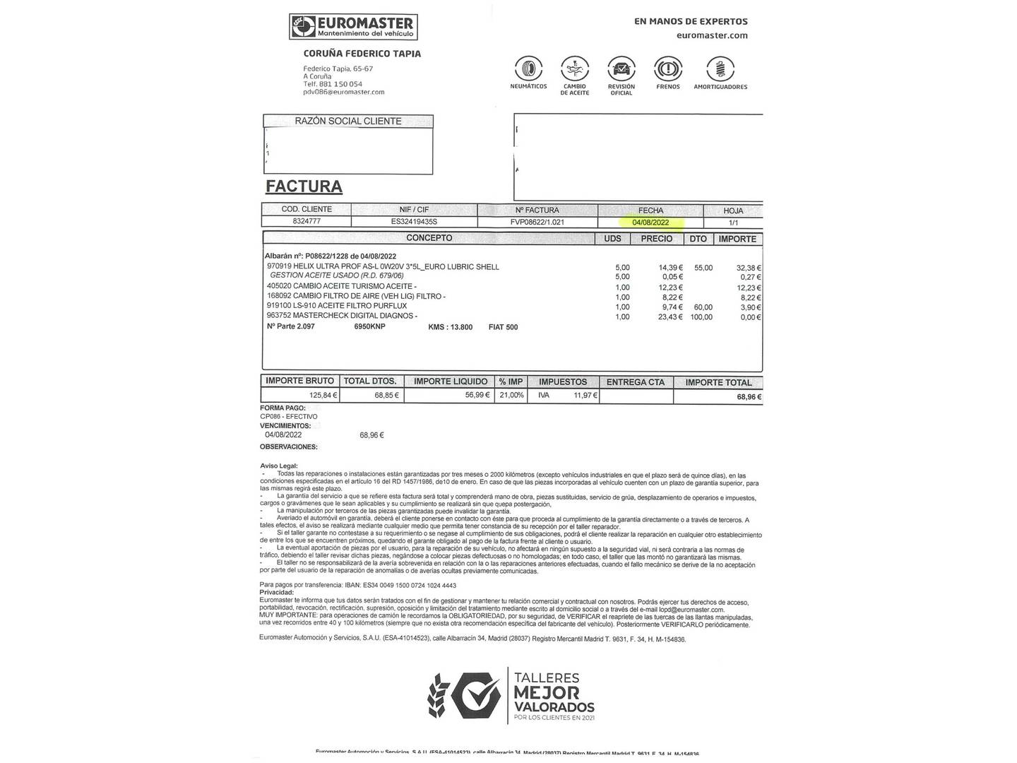 Foto del mantenimiento del Fiat 500 Fiat 500 1.2 8v Lounge (69 CV)