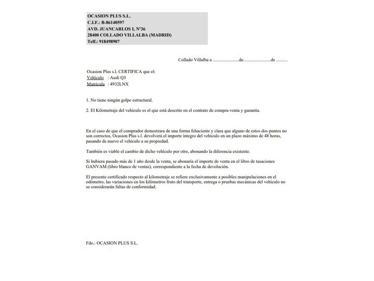 Foto del certificado del Audi Q3 Audi Q3 Attraction 2.0 TFSI quattro (170 CV) S tronic 4x4