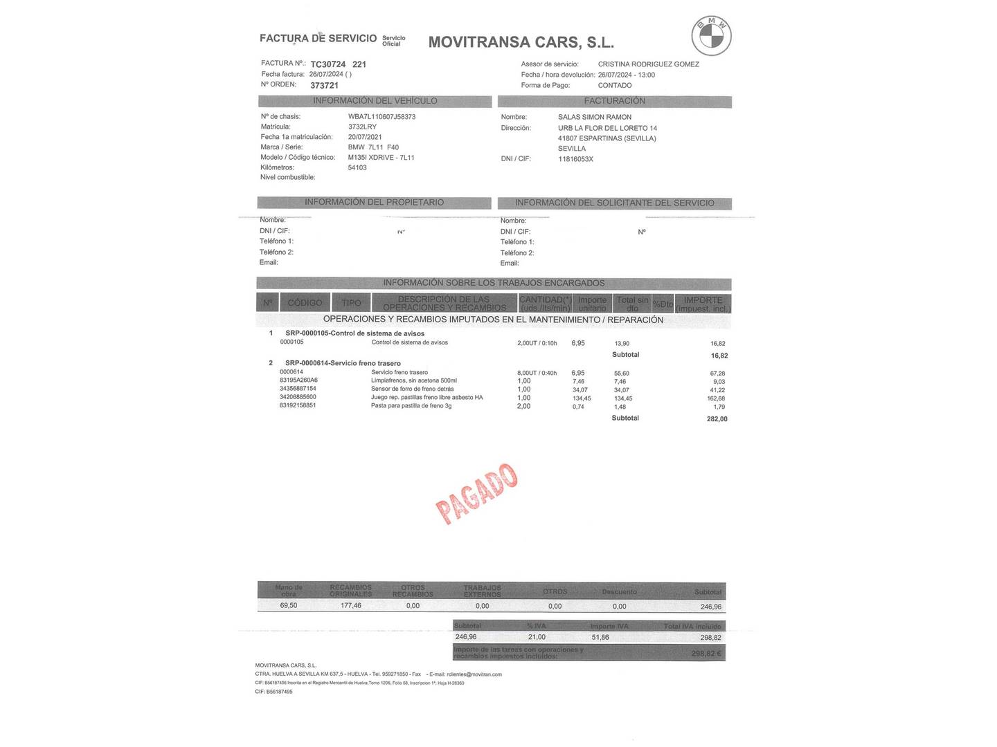 Foto del mantenimiento del BMW Serie 1 BMW Serie 1 M135i (306 CV)