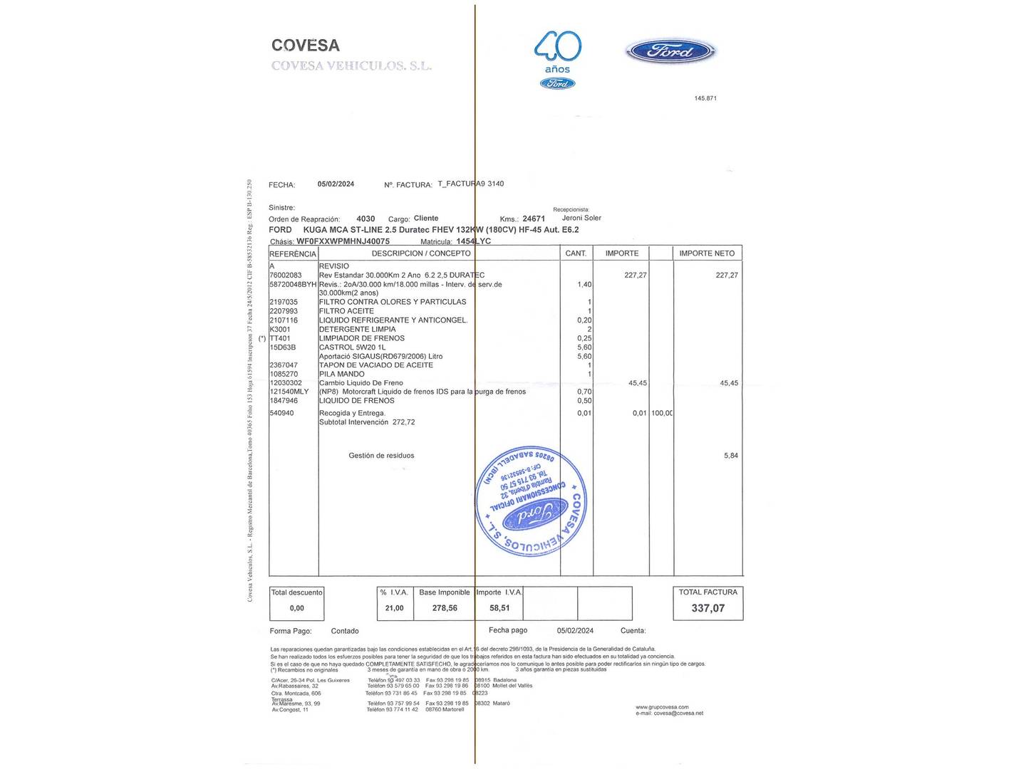 Foto del mantenimiento del Ford Kuga Ford Kuga 2.5 Duratec FHEV ST-Line X 4x2 Auto (190 CV)