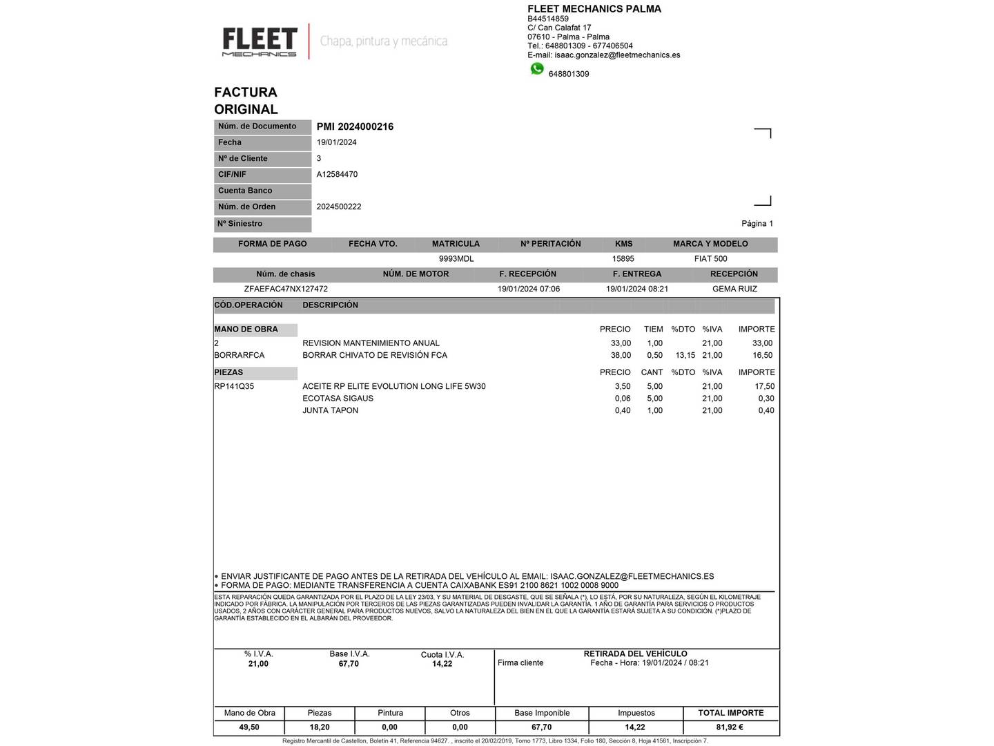 Foto del mantenimiento del Fiat 500 Fiat 500 Electrico Electrico Icon Hb 320km (118 CV)