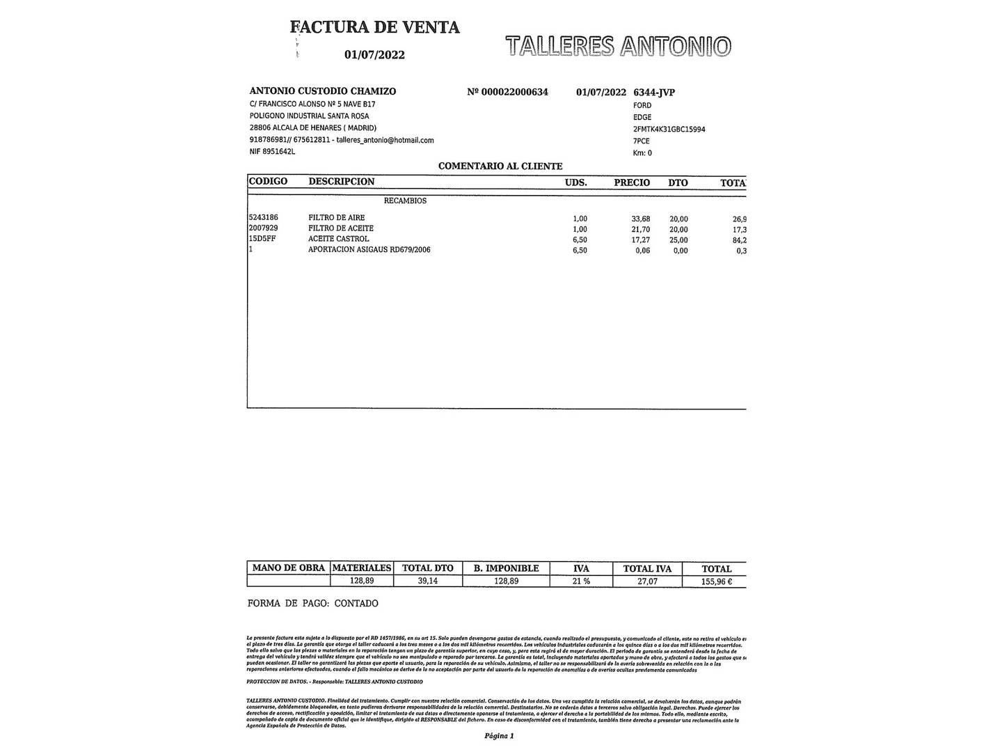 Foto del mantenimiento del Ford Edge Ford Edge 2.0 TDCi Titanium 4WD PowerShift (210 CV)