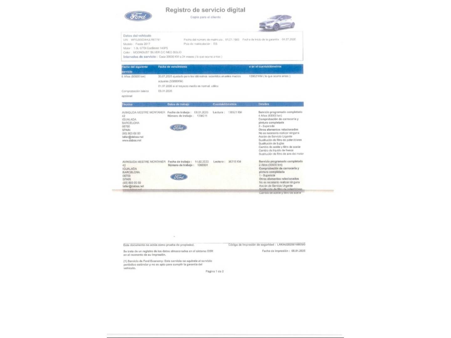 Foto del mantenimiento del Ford Fiesta Ford Fiesta 1.0 EcoBoost S&S ST-Line  (140 CV)