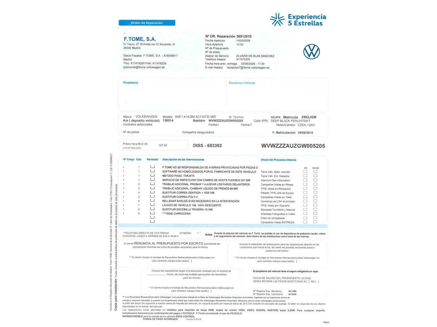 Foto del mantenimiento del Volkswagen Golf Volkswagen Golf Sport 1.4 TSI BMT ACT Tech BMT (150 CV)